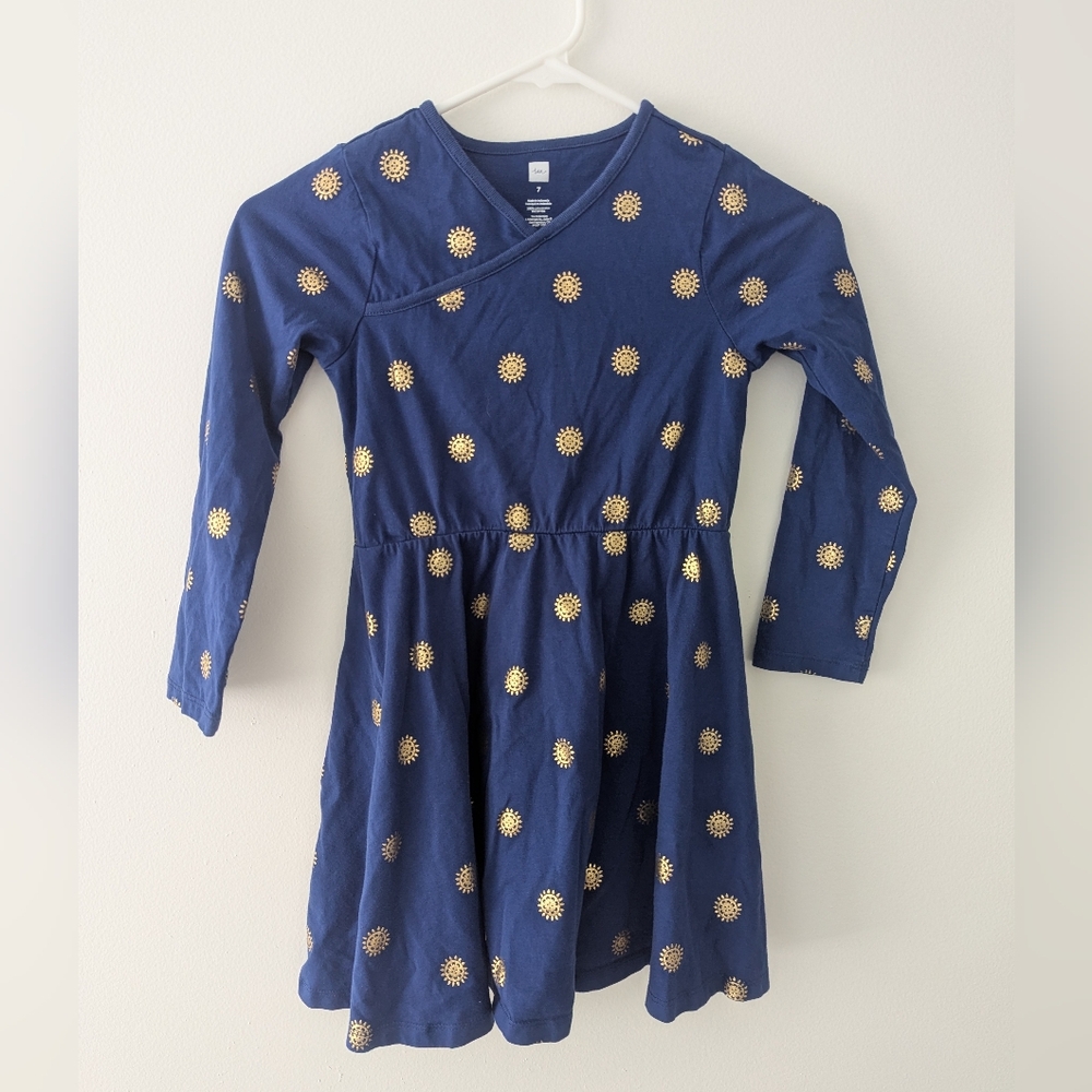Tea Collection Wrap Neck Dress Size 7 Navy Blue Floral Fall Tunic